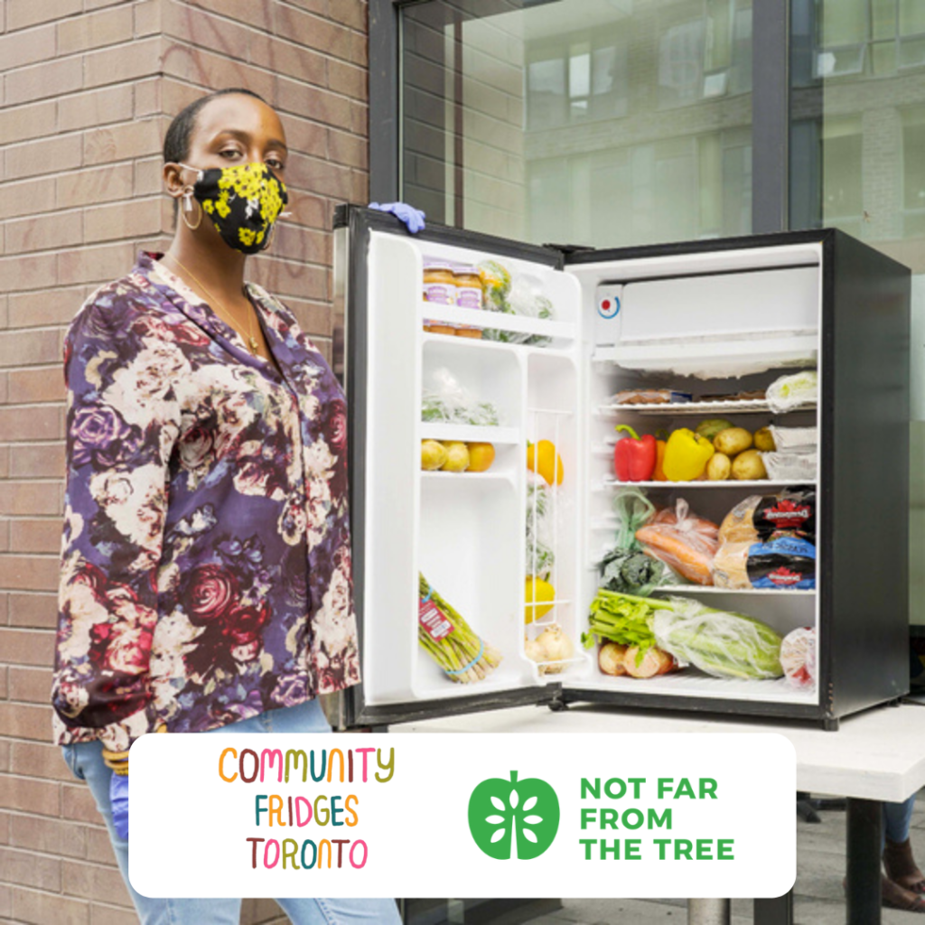 Woman wearing face mask stands next to the open door of a mini fridge full of fresh food. At the bottom, two logos are in a white box - Community Fridges Toronto logo and Not Far From The Tree's green logo